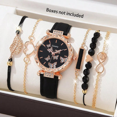 6PCS Set Watch For Women Luxury Leather Analog Ladies Quartz Wrist Watch Fashion Bracelet Watch Set Female Relogio Feminino