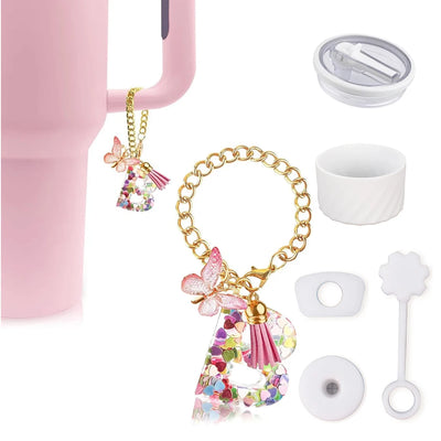 6pcs Accessories Set for Stanley Cup 40oz Including Glitter Silicone Boot Diamond Butterfly Charm Chain Bow Silicone Straw