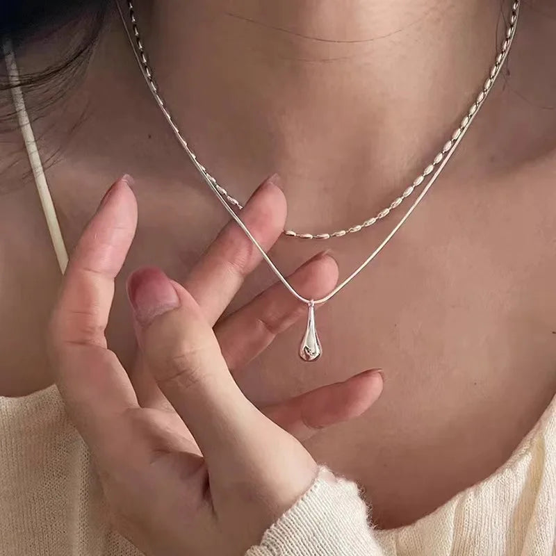 925 Sterling Silver Simple Design Drop Pendant Necklace for Women Double Collar Chain Fashion Fine Jewelry Gifts