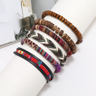 Bohemian Leather Bracelet Men Hand-woven Bracelet Men's Wooden Bead Bracelet Bracelet for Men Charm Bracelet Mens Jewellery