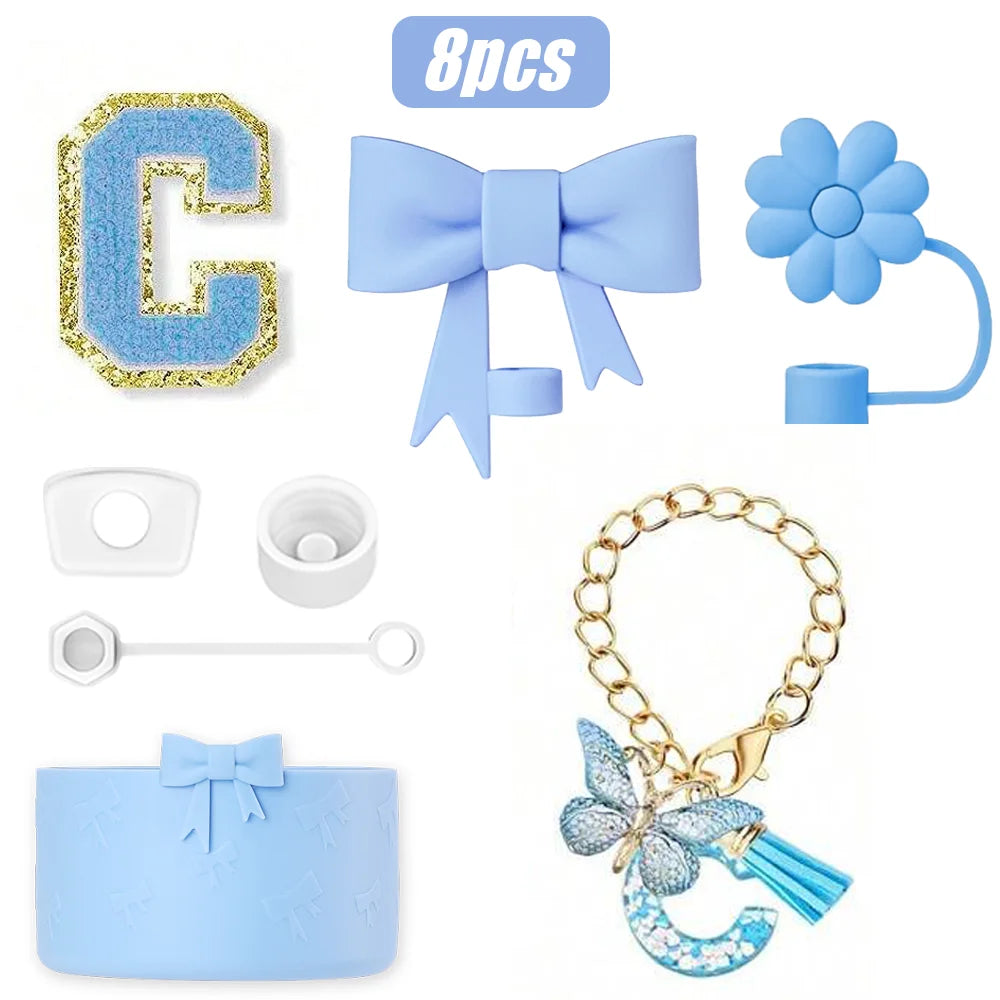 8PCS Cup Accessories Set for Stanley Cup 30oz 40oz, A-Z Initials Decorations, Including Silicone Straw Cover Cap,Sticker ﻿ ﻿