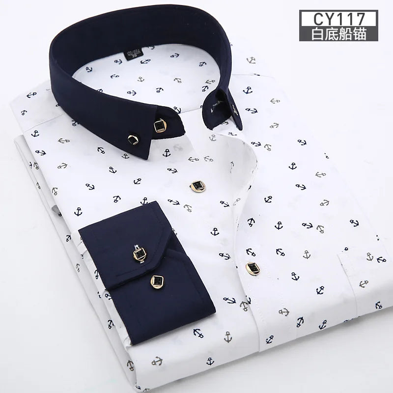 New men's shirt Thin long-sleeved printed spring/summer non-ironing business casual slim slim fashion breathable shirt