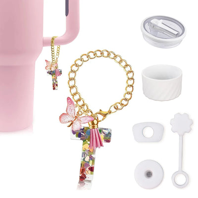 6pcs Accessories Set for Stanley Cup 40oz Including Glitter Silicone Boot Diamond Butterfly Charm Chain Bow Silicone Straw