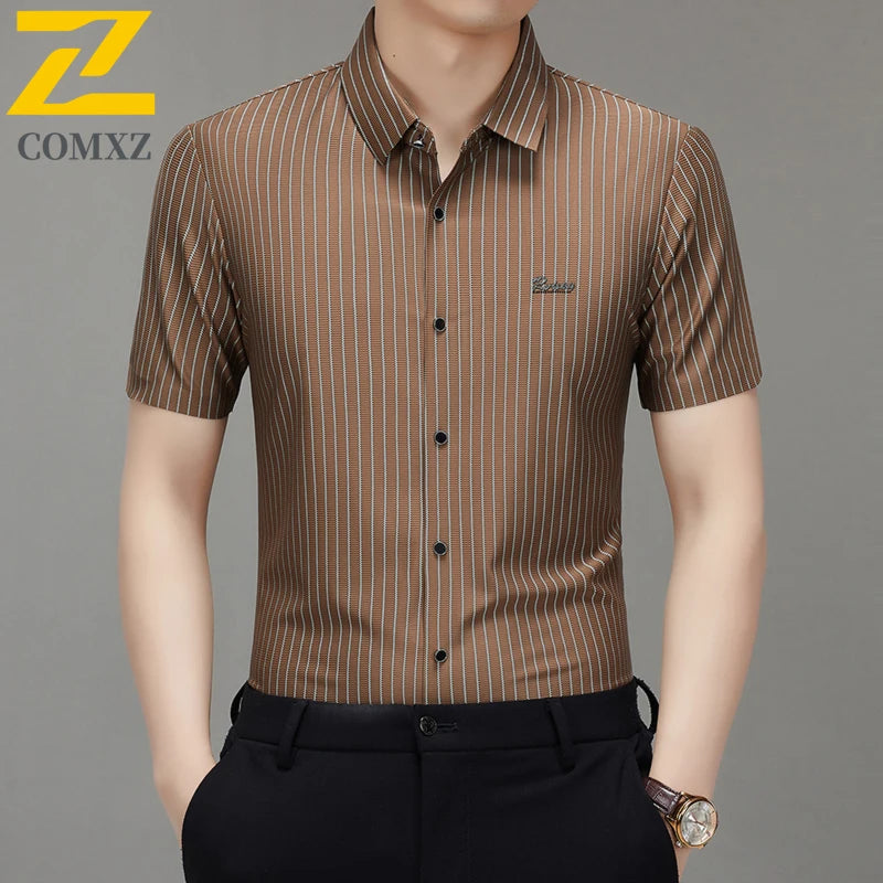 Men's Shirt Autumn New Style Comfortable Breathable Fashionable Striped Short Sleeved Shirt Business Casual Lapel Men's Clothing