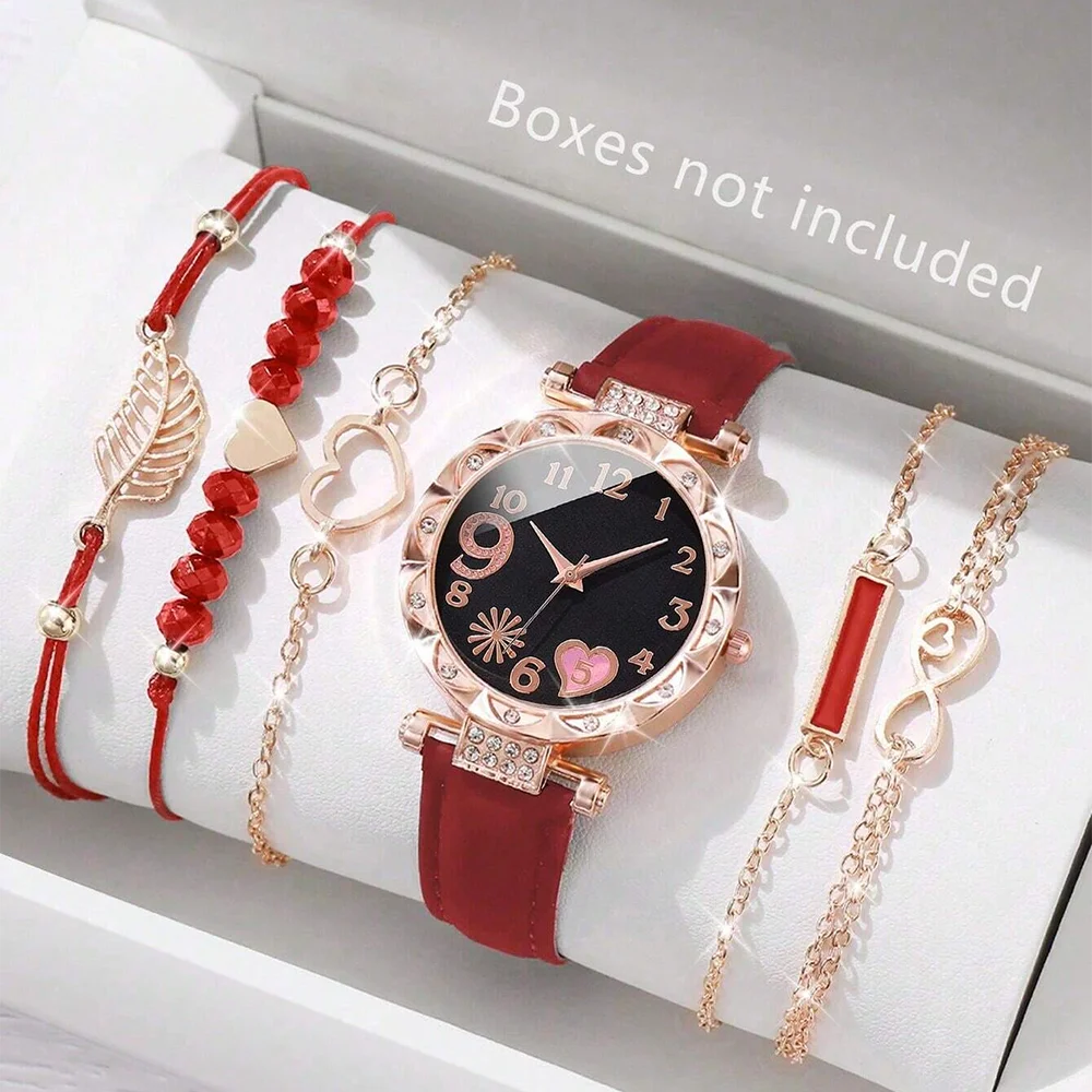 6PCS Set Watch For Women Luxury Leather Analog Ladies Quartz Wrist Watch Fashion Bracelet Watch Set Female Relogio Feminino
