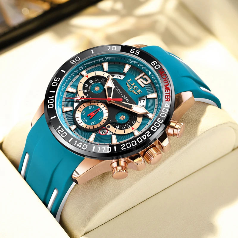 LIGE Men Wristwatch Fashion Luxury Waterproof Sport Stopwatch Quartz Watches Business Wrist Watch for Man Silicone Strap+Box