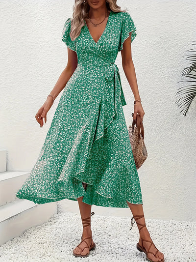 Summer Dresses for Women Sexy V Neck Short Sleeve Irregular High Waist Lace-up Flower Print Dress Casual Beach Dresses