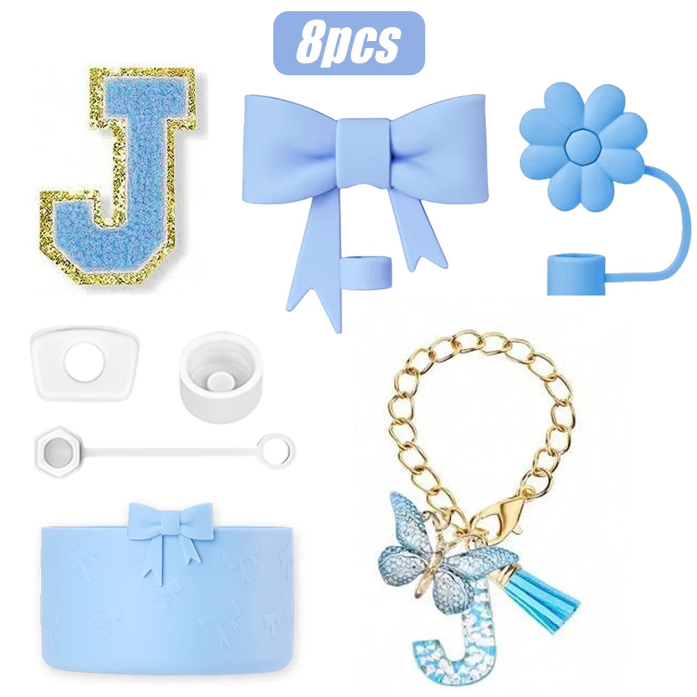 8PCS Cup Accessories Set for Stanley Cup 30oz 40oz, A-Z Initials Decorations, Including Silicone Straw Cover Cap,Sticker ﻿ ﻿