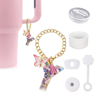 6pcs Accessories Set for Stanley Cup 40oz Including Glitter Silicone Boot Diamond Butterfly Charm Chain Bow Silicone Straw