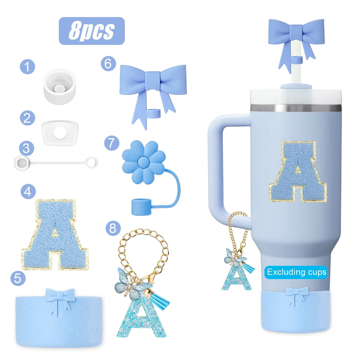 8PCS Cup Accessories Set for Stanley Cup 30oz 40oz, A-Z Initials Decorations, Including Silicone Straw Cover Cap,Sticker ﻿ ﻿