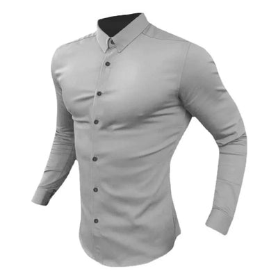 Men's Shirt Fashion Full Sleeve Shirt Men's Muscle Casual Slim-fit Business Dress Solid Color Shirt Men's Gym Fitness Men Shirt