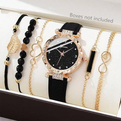 6PCS Set Watch For Women Luxury Leather Analog Ladies Quartz Wrist Watch Fashion Bracelet Watch Set Female Relogio Feminino