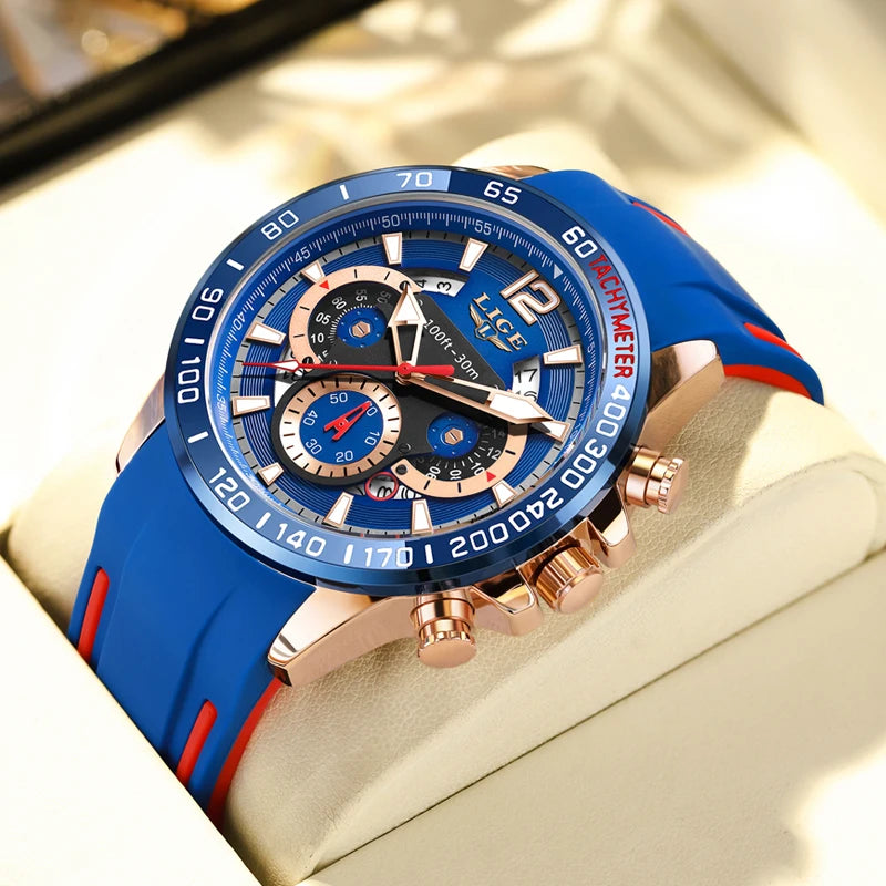LIGE Men Wristwatch Fashion Luxury Waterproof Sport Stopwatch Quartz Watches Business Wrist Watch for Man Silicone Strap+Box