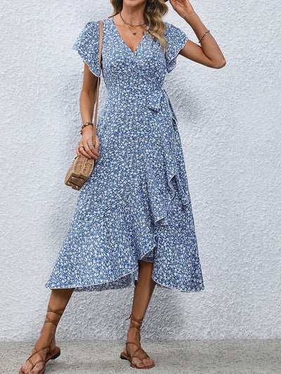 Summer Dresses for Women Sexy V Neck Short Sleeve Irregular High Waist Lace-up Flower Print Dress Casual Beach Dresses