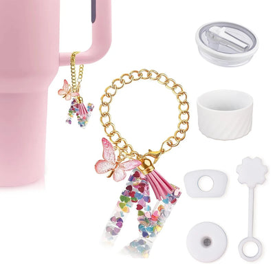 6pcs Accessories Set for Stanley Cup 40oz Including Glitter Silicone Boot Diamond Butterfly Charm Chain Bow Silicone Straw