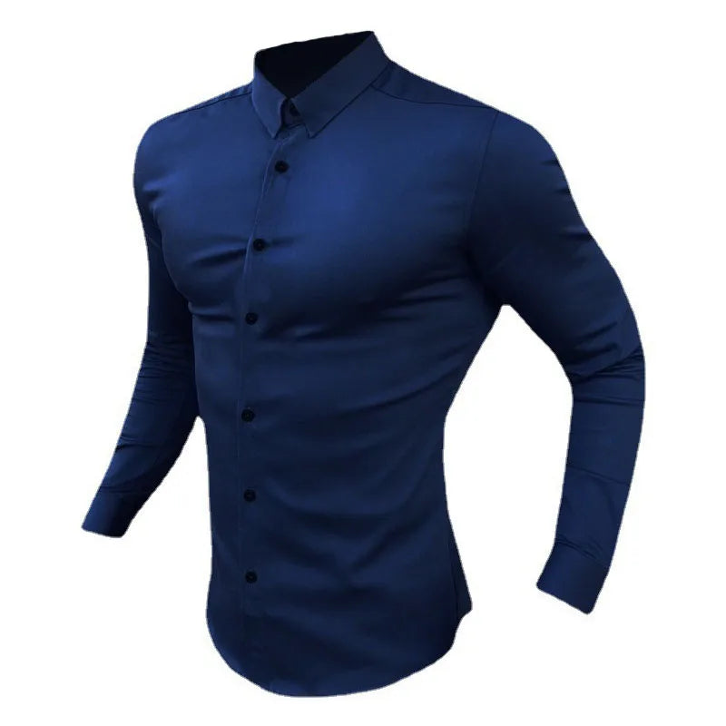 Men's Shirt Fashion Full Sleeve Shirt Men's Muscle Casual Slim-fit Business Dress Solid Color Shirt Men's Gym Fitness Men Shirt