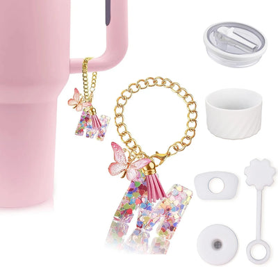 6pcs Accessories Set for Stanley Cup 40oz Including Glitter Silicone Boot Diamond Butterfly Charm Chain Bow Silicone Straw