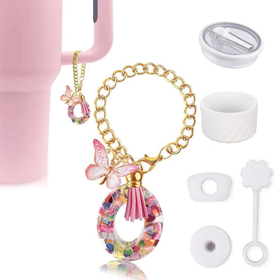 6pcs Accessories Set for Stanley Cup 40oz Including Glitter Silicone Boot Diamond Butterfly Charm Chain Bow Silicone Straw