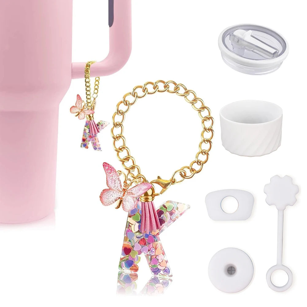 6pcs Accessories Set for Stanley Cup 40oz Including Glitter Silicone Boot Diamond Butterfly Charm Chain Bow Silicone Straw