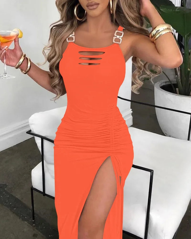 Summer Dresses for Women Fashion 2025 Solid Ladder Cutout Buckled High Slit Bodycon Dress Lady Hole Decoration Party Evening