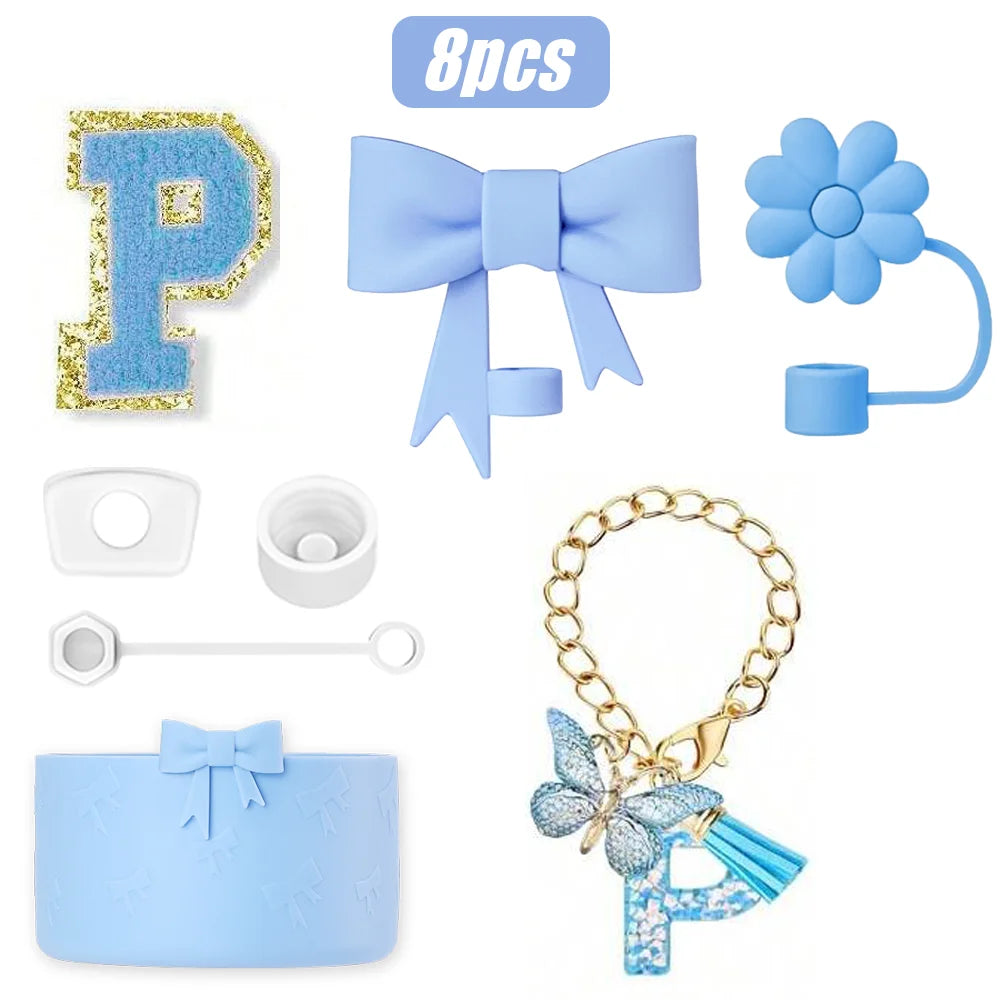 8PCS Cup Accessories Set for Stanley Cup 30oz 40oz, A-Z Initials Decorations, Including Silicone Straw Cover Cap,Sticker ﻿ ﻿