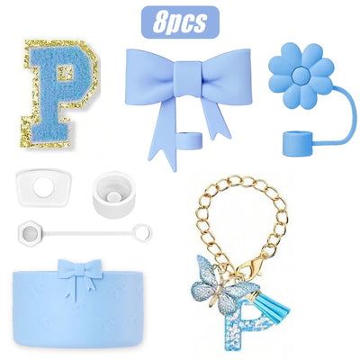8PCS Cup Accessories Set for Stanley Cup 30oz 40oz, A-Z Initials Decorations, Including Silicone Straw Cover Cap,Sticker ﻿ ﻿