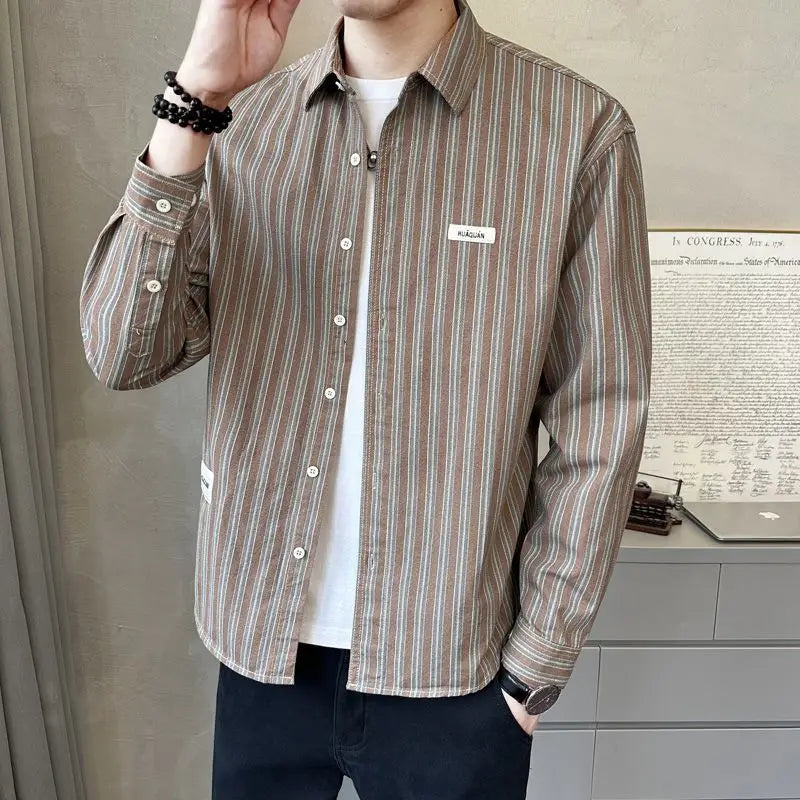 Men's Striped Shirt Long Sleeve Men's Top New Vertical Striped Versatile Fashion Trendy Shirt