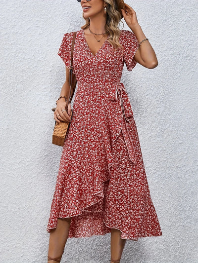 Summer Dresses for Women Sexy V Neck Short Sleeve Irregular High Waist Lace-up Flower Print Dress Casual Beach Dresses