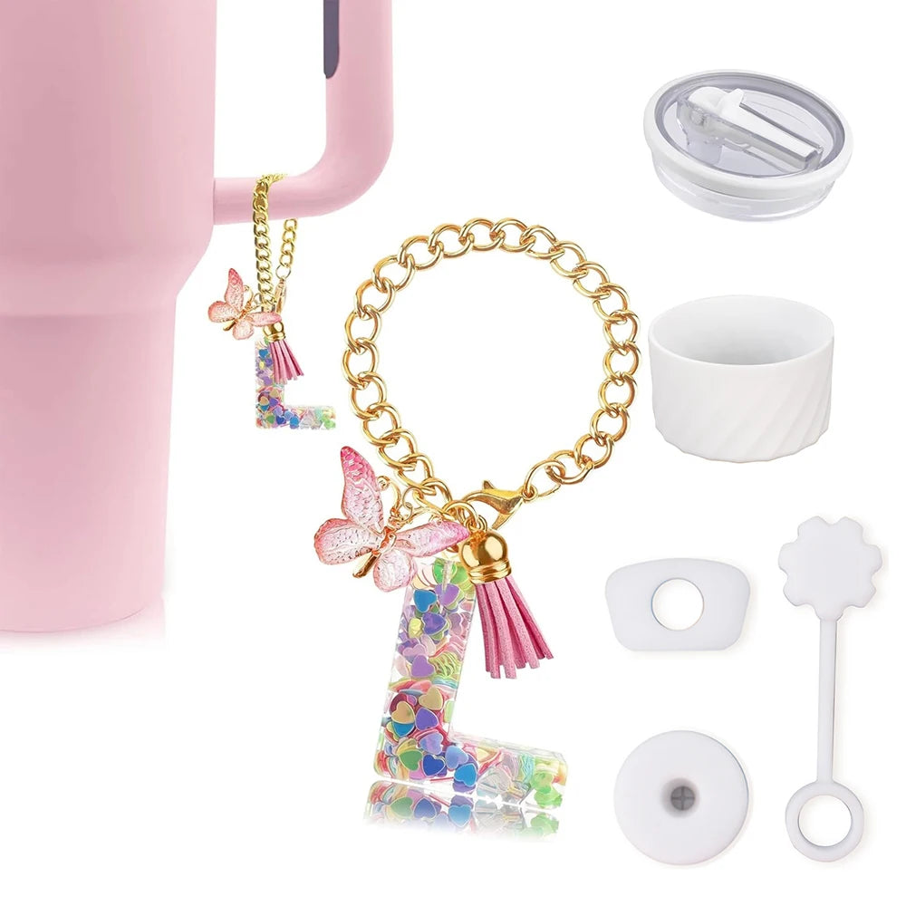 6pcs Accessories Set for Stanley Cup 40oz Including Glitter Silicone Boot Diamond Butterfly Charm Chain Bow Silicone Straw