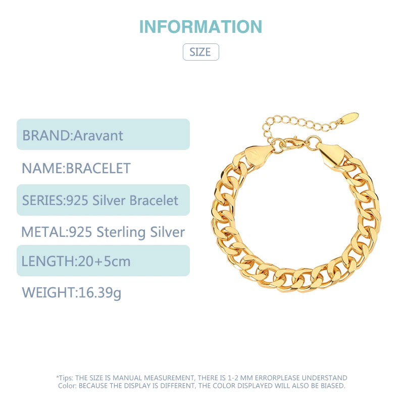 Aravant 925 Silver 18K Gold 10MM Bracelet Chain For Men Women Fashion Jewelry Gifts