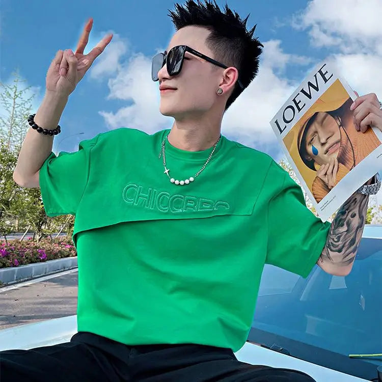 Top T Shirt for Men Man Tee Shirts Green Plain Slim Fit Clothing Streetwear Alphabet Rock Ordinary Katoen Hip Hop Cheap New In S