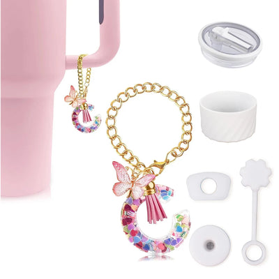6pcs Accessories Set for Stanley Cup 40oz Including Glitter Silicone Boot Diamond Butterfly Charm Chain Bow Silicone Straw