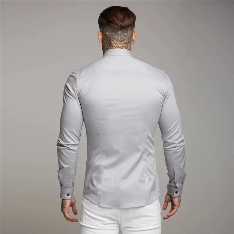 Men's Shirt Fashion Full Sleeve Shirt Men's Muscle Casual Slim-fit Business Dress Solid Color Shirt Men's Gym Fitness Men Shirt