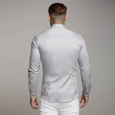 Men's Shirt Fashion Full Sleeve Shirt Men's Muscle Casual Slim-fit Business Dress Solid Color Shirt Men's Gym Fitness Men Shirt