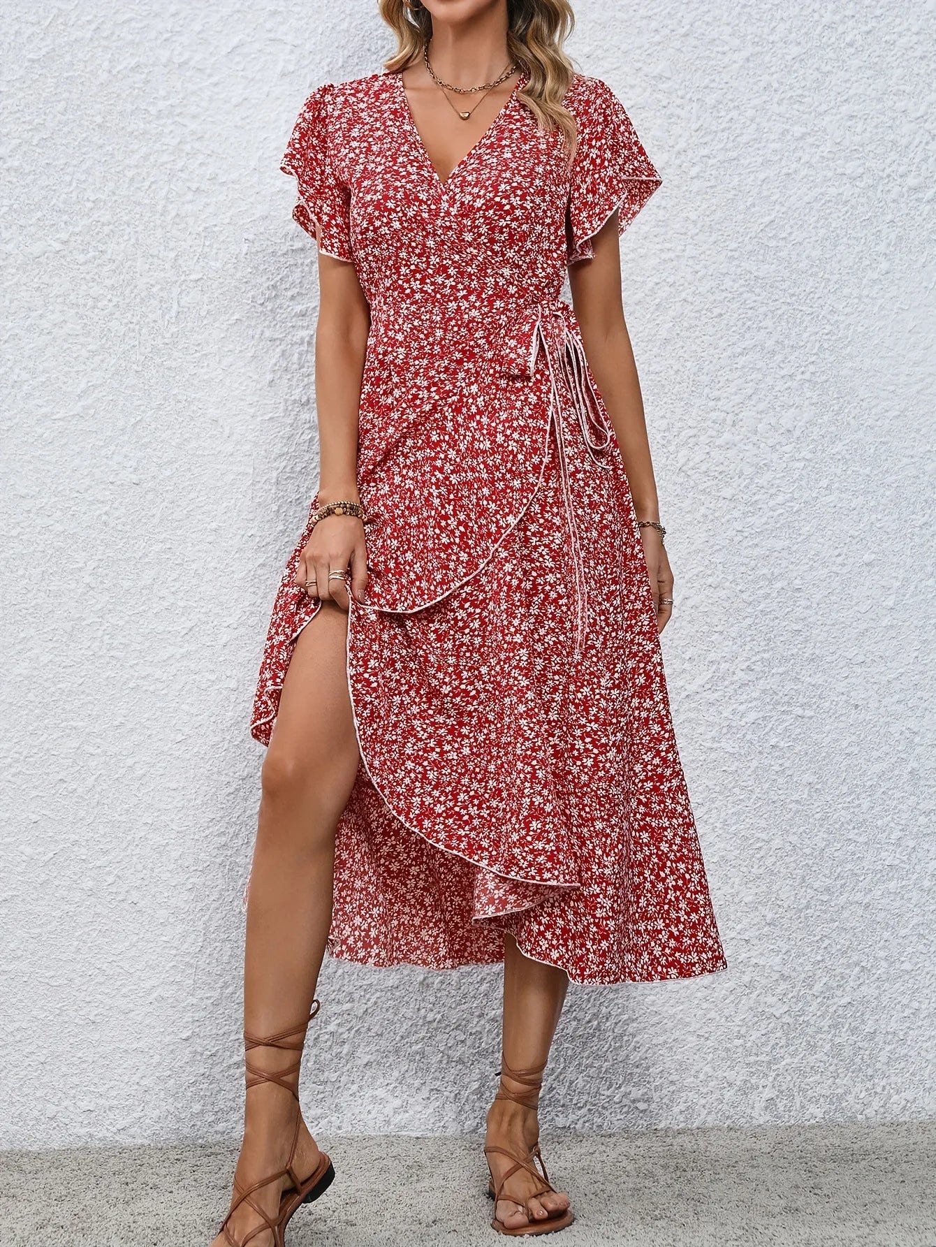 Summer Dresses for Women Sexy V Neck Short Sleeve Irregular High Waist Lace-up Flower Print Dress Casual Beach Dresses