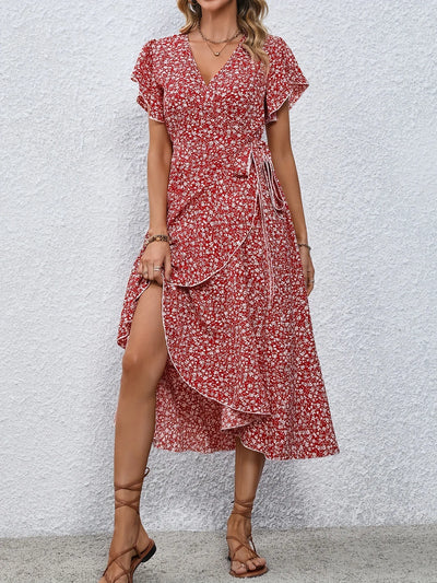 Summer Dresses for Women Sexy V Neck Short Sleeve Irregular High Waist Lace-up Flower Print Dress Casual Beach Dresses