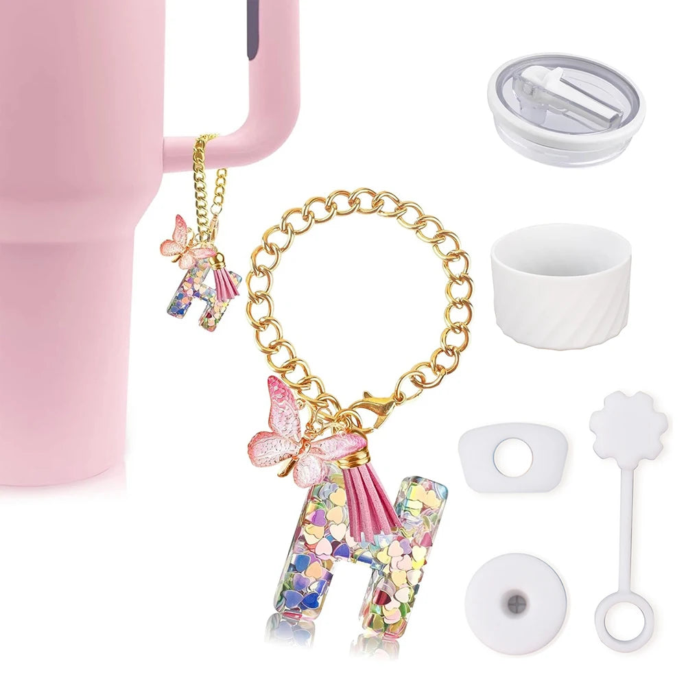 6pcs Accessories Set for Stanley Cup 40oz Including Glitter Silicone Boot Diamond Butterfly Charm Chain Bow Silicone Straw