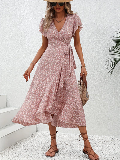 Summer Dresses for Women Sexy V Neck Short Sleeve Irregular High Waist Lace-up Flower Print Dress Casual Beach Dresses
