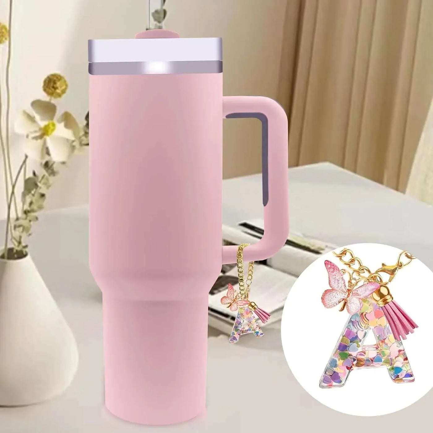 6pcs Accessories Set for Stanley Cup 40oz Including Glitter Silicone Boot Diamond Butterfly Charm Chain Bow Silicone Straw