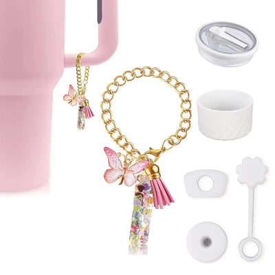 6pcs Accessories Set for Stanley Cup 40oz Including Glitter Silicone Boot Diamond Butterfly Charm Chain Bow Silicone Straw