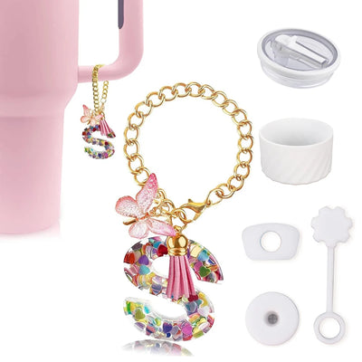 6pcs Accessories Set for Stanley Cup 40oz Including Glitter Silicone Boot Diamond Butterfly Charm Chain Bow Silicone Straw