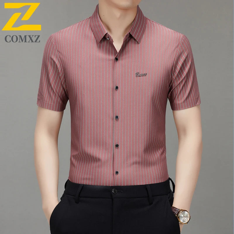 Men's Shirt Autumn New Style Comfortable Breathable Fashionable Striped Short Sleeved Shirt Business Casual Lapel Men's Clothing