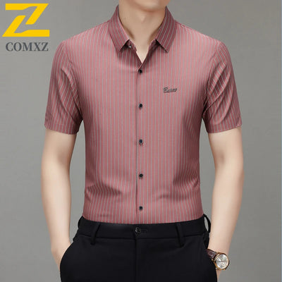 Men's Shirt Autumn New Style Comfortable Breathable Fashionable Striped Short Sleeved Shirt Business Casual Lapel Men's Clothing
