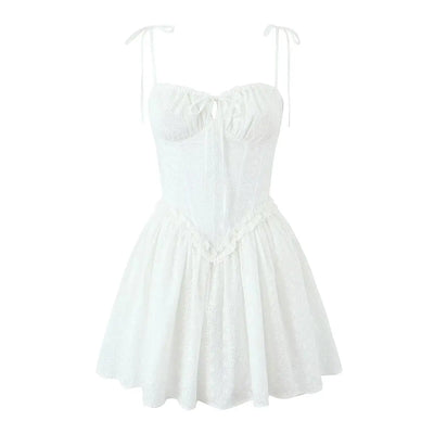 Summer dress 2024 Women Sexy  White Mini Dressses Lace Embroideryed Bodycon Dress Korean Fashion Ruffle Cami Dresss Back Lace Up