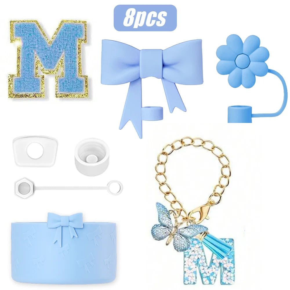 8PCS Cup Accessories Set for Stanley Cup 30oz 40oz, A-Z Initials Decorations, Including Silicone Straw Cover Cap,Sticker ﻿ ﻿