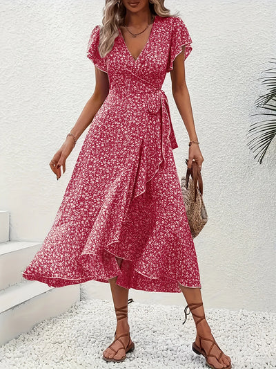 Summer Dresses for Women Sexy V Neck Short Sleeve Irregular High Waist Lace-up Flower Print Dress Casual Beach Dresses