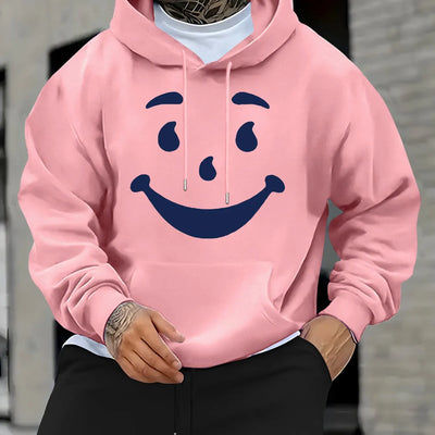 Men's Casual Hoodie with Bold Geometric Print & Happy Face Design - Relaxed Fit, Front Pocket, for Spring/Fall