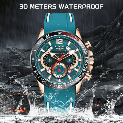 LIGE Men Wristwatch Fashion Luxury Waterproof Sport Stopwatch Quartz Watches Business Wrist Watch for Man Silicone Strap+Box