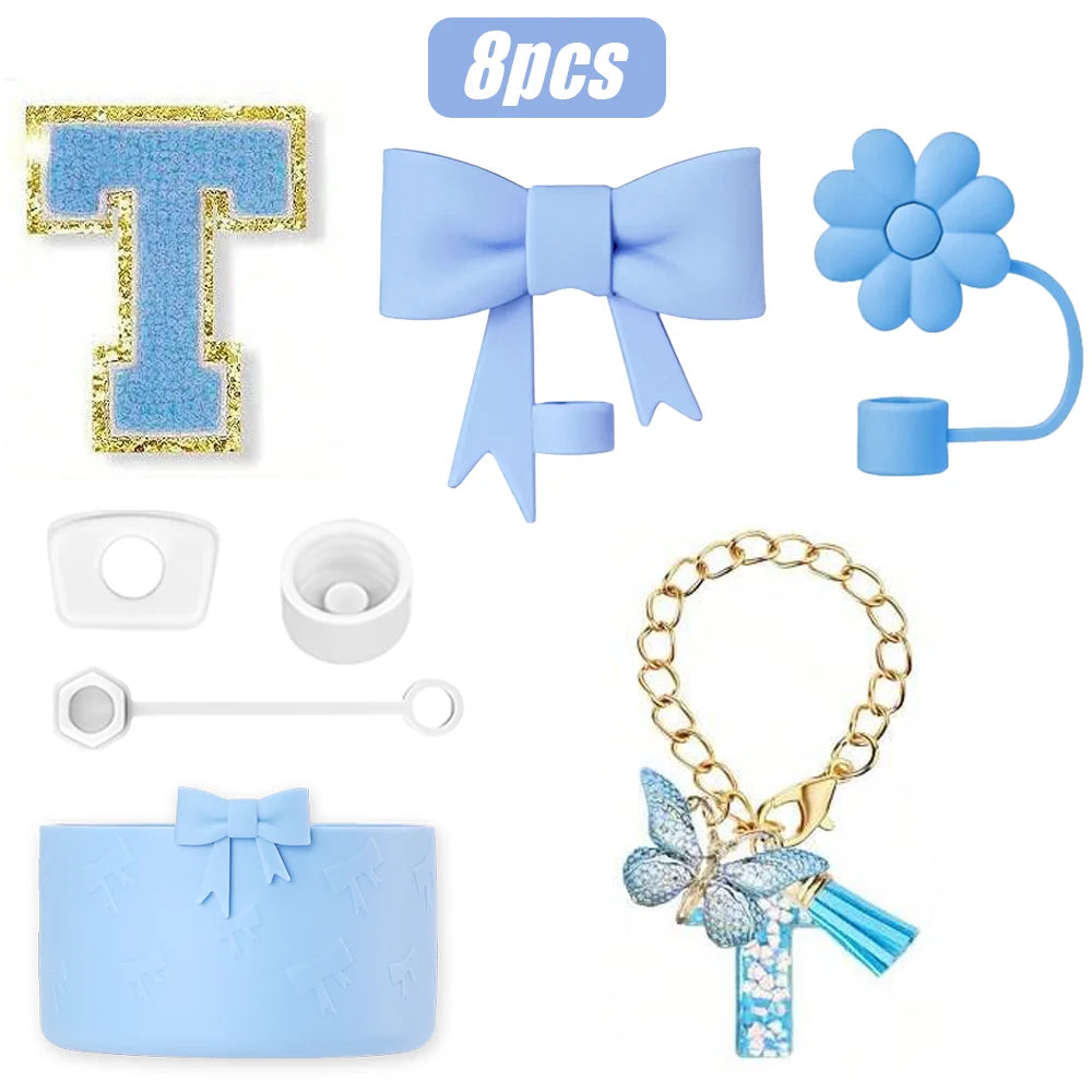 8PCS Cup Accessories Set for Stanley Cup 30oz 40oz, A-Z Initials Decorations, Including Silicone Straw Cover Cap,Sticker ﻿ ﻿
