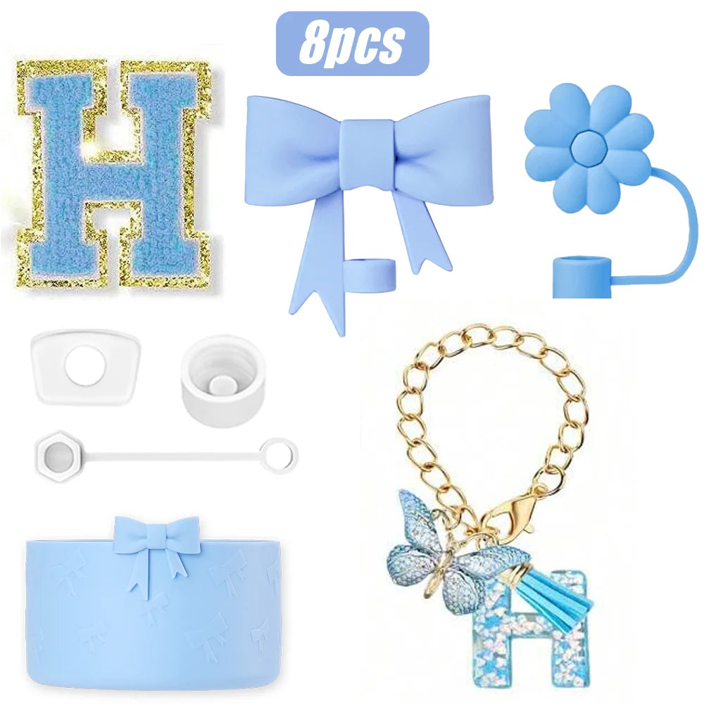 8PCS Cup Accessories Set for Stanley Cup 30oz 40oz, A-Z Initials Decorations, Including Silicone Straw Cover Cap,Sticker ﻿ ﻿